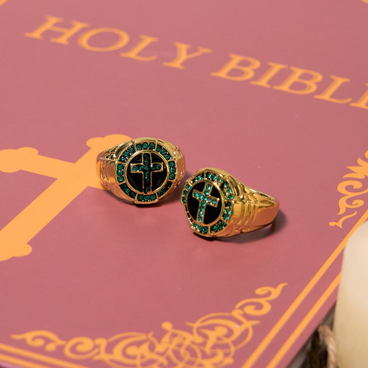 Christianartworkshop Retro Style Green Gemstones Cross Golden Alloy Ring - image 2