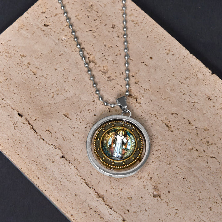 Retro Style Jesus St. Benendict Vrigin Mary Icon Rotating Pendant Necklace