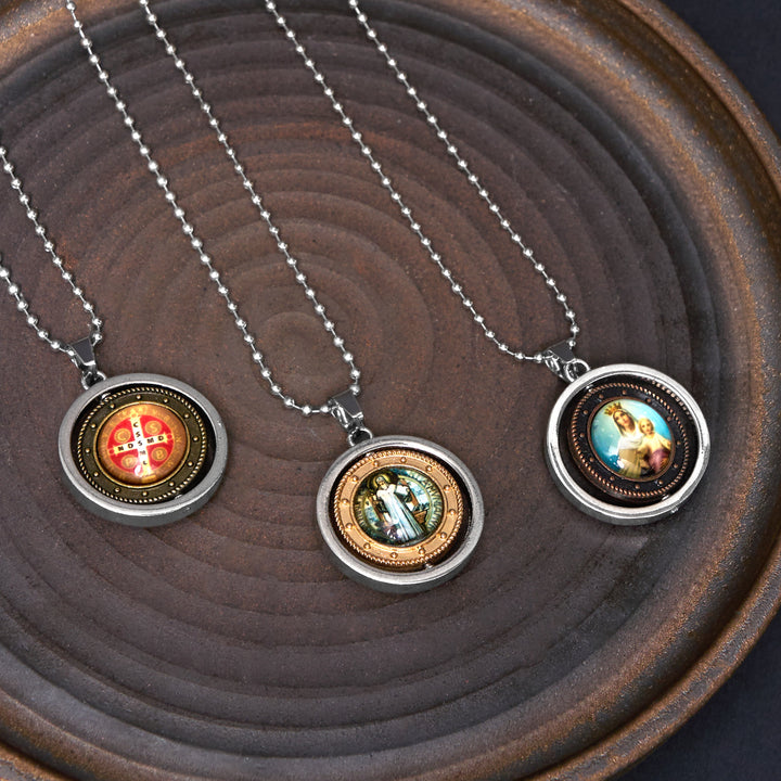 Retro Style Jesus St. Benendict Vrigin Mary Icon Rotating Pendant Necklace