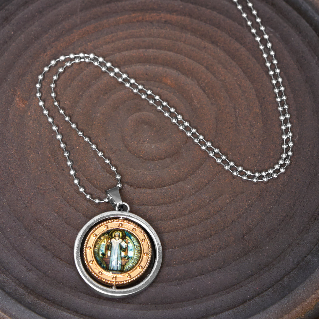 Retro Style Jesus St. Benendict Vrigin Mary Icon Rotating Pendant Necklace
