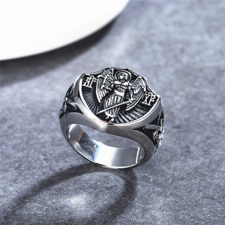 Christianartworkshop Retro Style St. Michael Guardian Angel Protection & Strength Ring - image 2