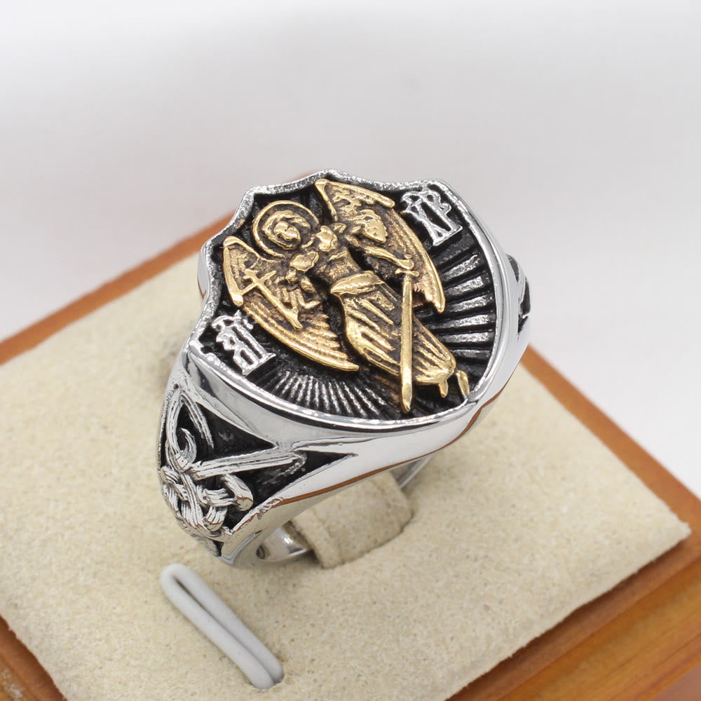 Christianartworkshop Retro Style St. Michael Guardian Angel Protection & Strength Ring - image 1