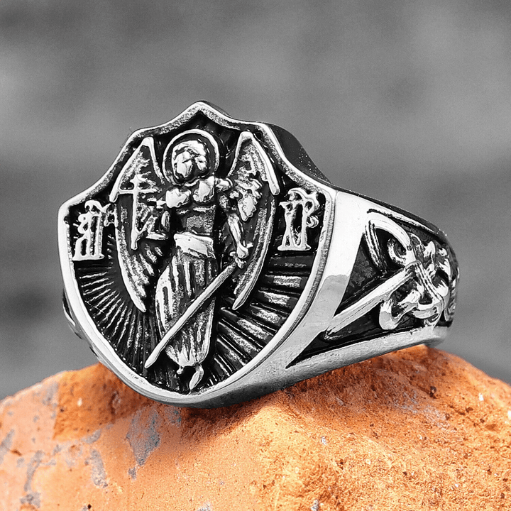 Christianartworkshop Retro Style St. Michael Guardian Angel Protection & Strength Ring - Silver - US 13 - image 0