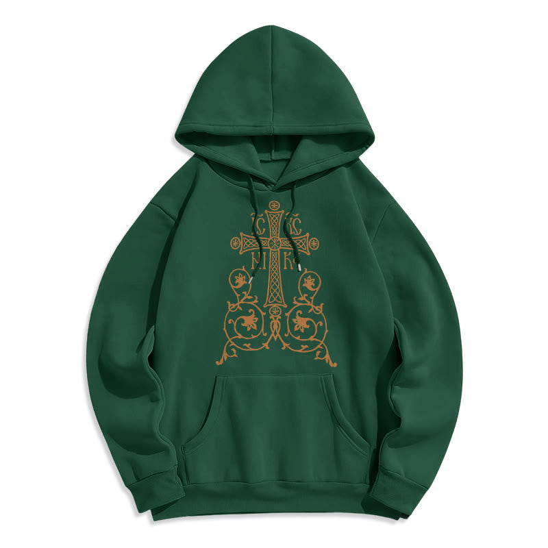Classic Style Sacred Cross Emblem Floral Vines Fleece Lined Polyester Hoodie - Green - 2XL - image 20