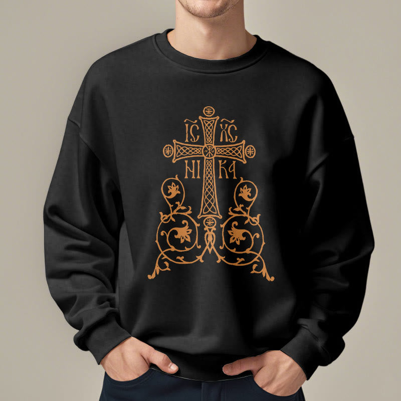 Classic Style Sacred Cross Emblem Floral Vines Fleece Lined Polyester Sweatshirt - image 2
