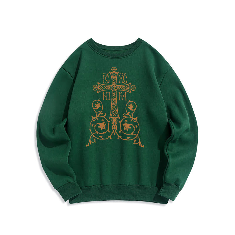 Classic Style Sacred Cross Emblem Floral Vines Fleece Lined Polyester Sweatshirt - Green - 2XL - image 20