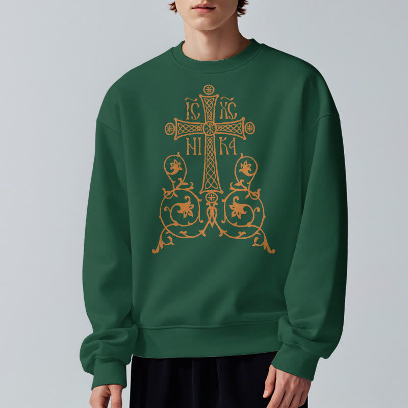 Classic Style Sacred Cross Emblem Floral Vines Fleece Lined Polyester Sweatshirt - image 22
