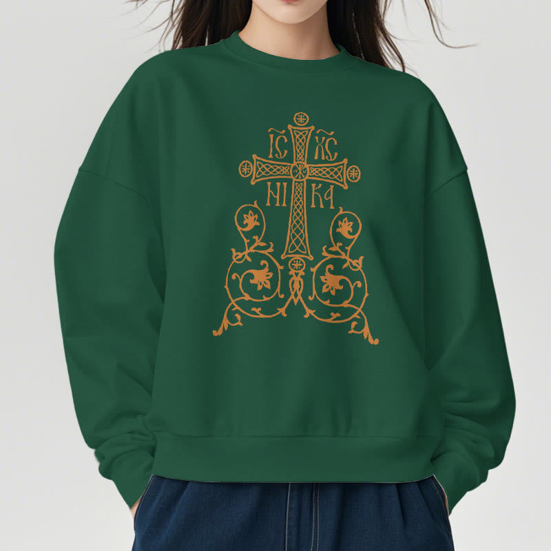 Classic Style Sacred Cross Emblem Floral Vines Fleece Lined Polyester Sweatshirt - image 23