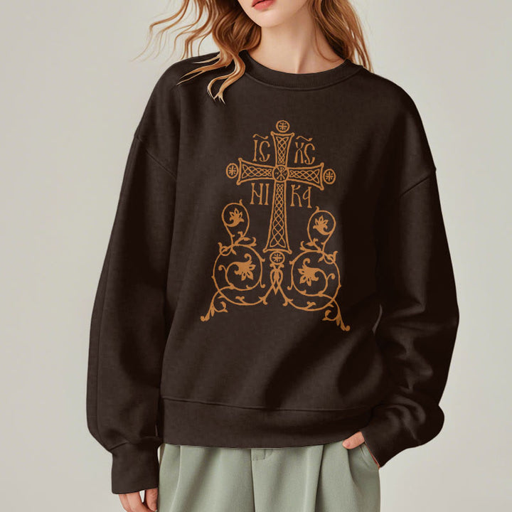 Classic Style Sacred Cross Emblem Floral Vines Fleece Lined Polyester Sweatshirt - image 18