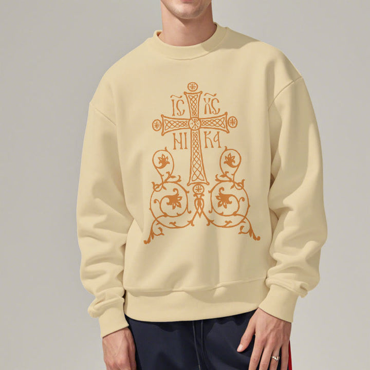 Classic Style Sacred Cross Emblem Floral Vines Fleece Lined Polyester Sweatshirt - image 12
