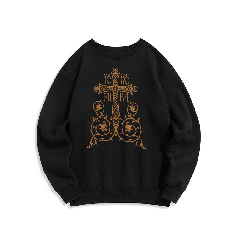 Classic Style Sacred Cross Emblem Floral Vines Fleece Lined Polyester Sweatshirt - Black - 2XL - image 0
