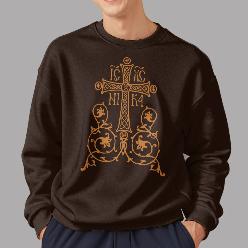 Classic Style Sacred Cross Emblem Floral Vines Fleece Lined Polyester Sweatshirt - image 17