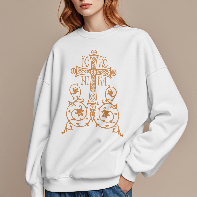 Classic Style Sacred Cross Emblem Floral Vines Fleece Lined Polyester Sweatshirt - image 7