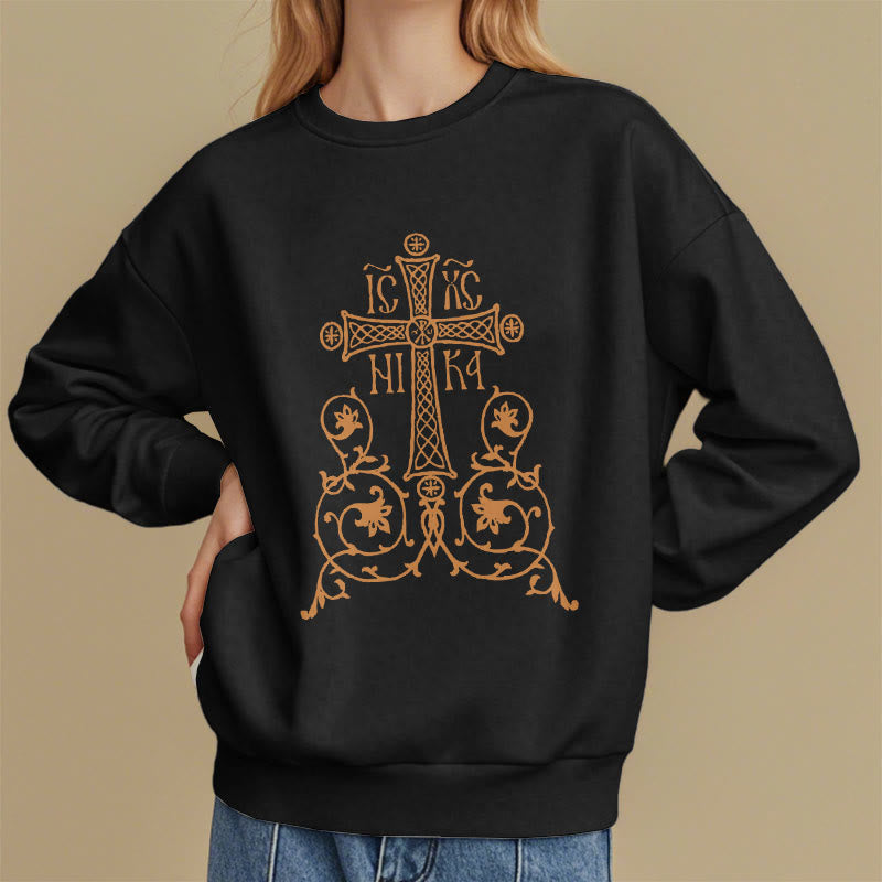 Classic Style Sacred Cross Emblem Floral Vines Fleece Lined Polyester Sweatshirt - image 1