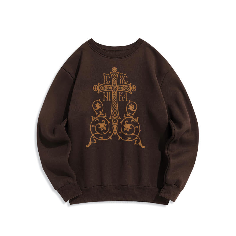 Classic Style Sacred Cross Emblem Floral Vines Fleece Lined Polyester Sweatshirt - Brown - 2XL - image 15