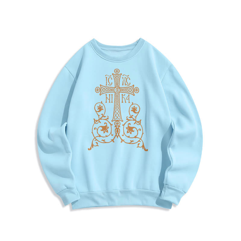 Classic Style Sacred Cross Emblem Floral Vines Fleece Lined Polyester Sweatshirt - Blue - 2XL - image 25