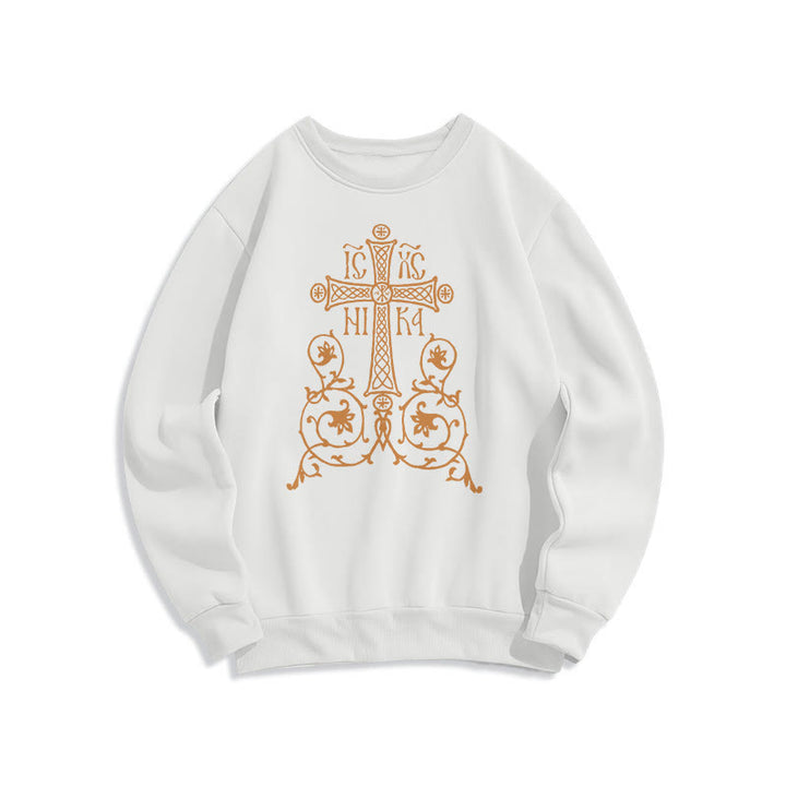 Classic Style Sacred Cross Emblem Floral Vines Fleece Lined Polyester Sweatshirt - White - 2XL - image 5