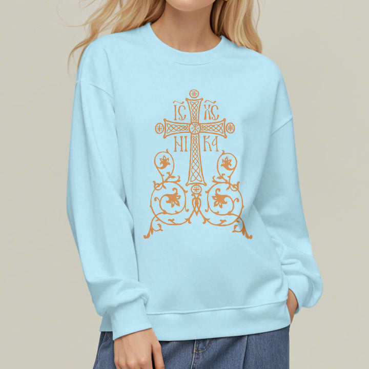 Classic Style Sacred Cross Emblem Floral Vines Fleece Lined Polyester Sweatshirt - image 27
