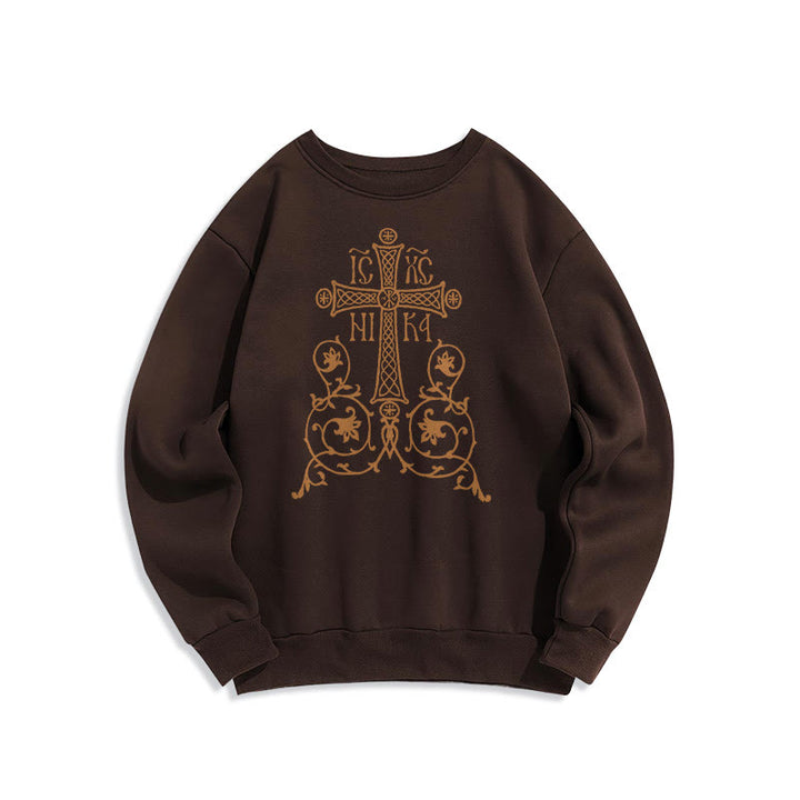 Christianartworkshop Classic Style Sacred Cross Emblem Floral Vines Fleece Lined Polyester Sweatshirt - Brown - 2XL - image 15