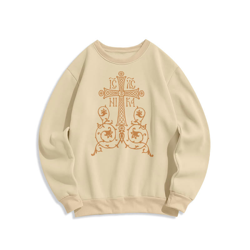 Classic Style Sacred Cross Emblem Floral Vines Fleece Lined Polyester Sweatshirt - Beige - 2XL - image 10