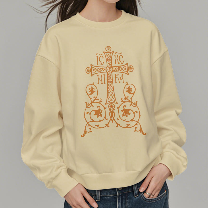 Classic Style Sacred Cross Emblem Floral Vines Fleece Lined Polyester Sweatshirt - image 13