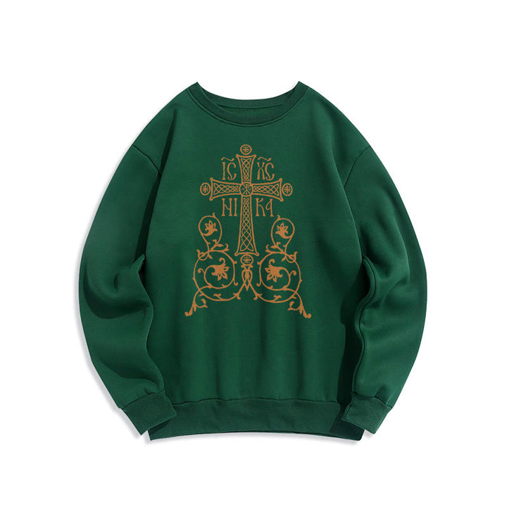 Classic Style Sacred Cross Emblem Floral Vines Fleece Lined Polyester Sweatshirt - Green - 2XL - image 20