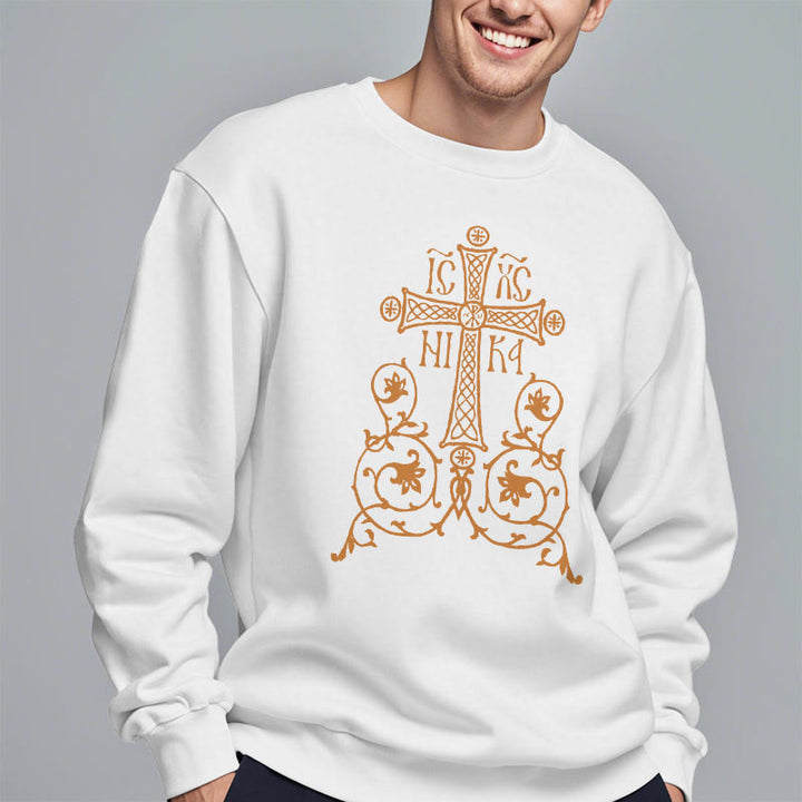 Classic Style Sacred Cross Emblem Floral Vines Fleece Lined Polyester Sweatshirt - image 8