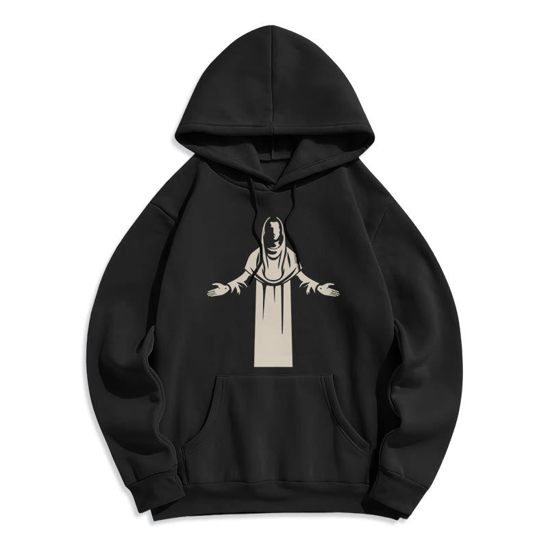 Classic Style Saint Figure Hands Open Praying Fleece Lined Polyester Hoodie - Black - 2XL - image 5
