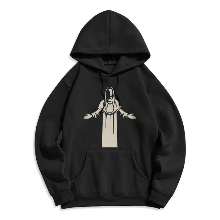 Classic Style Saint Figure Hands Open Praying Fleece Lined Polyester Hoodie - Black - 2XL - image 5