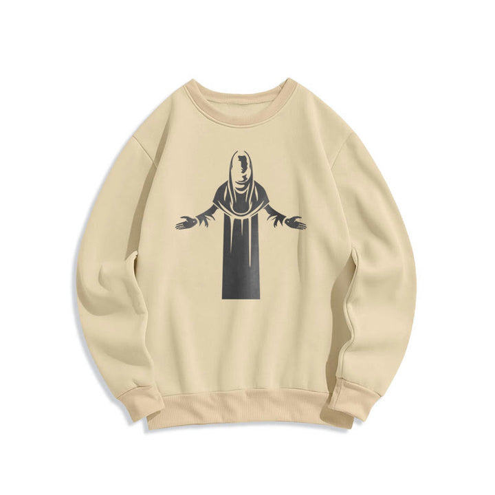Classic Style Saint Figure Hands Open Praying Fleece Lined Polyester Sweatshirt - Beige - 2XL - image 0