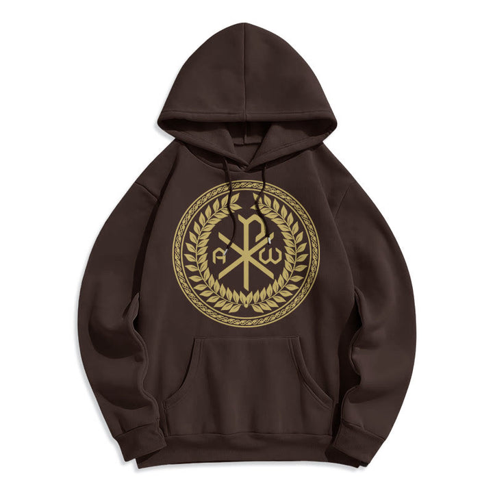 Christianartworkshop Classic Style Sacred Chi-rho Emblem Laurel Wreath Fleece Lined Polyester Hoodie - Brown - 2XL - image 15
