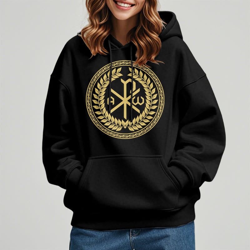 Christianartworkshop Classic Style Sacred Chi-rho Emblem Laurel Wreath Fleece Lined Polyester Hoodie - image 1