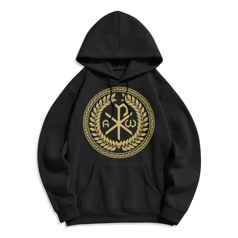 Christianartworkshop Classic Style Sacred Chi-rho Emblem Laurel Wreath Fleece Lined Polyester Hoodie - Black - 2XL - image 0