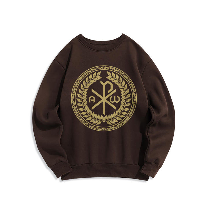 Christianartworkshop Classic Style Sacred Chi-rho Emblem Laurel Wreath Fleece Lined Polyester Sweatshirt - Brown - 2XL - image 15