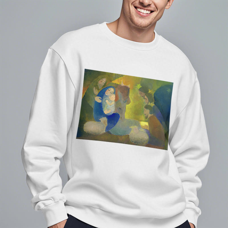 Christianartworkshop Classic Colored Style Nativity Scene Holy Night Fleece Lined Polyester Sweatshirt - image 1