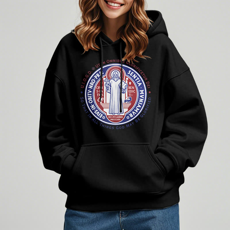 Classic Colored Style St. Benedict Medal Emblem Fleece Lined Polyester Hoodie - image 1