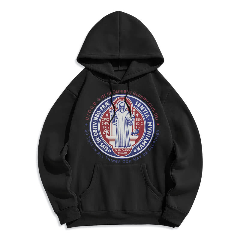 Classic Colored Style St. Benedict Medal Emblem Fleece Lined Polyester Hoodie - Black - 2XL - image 0