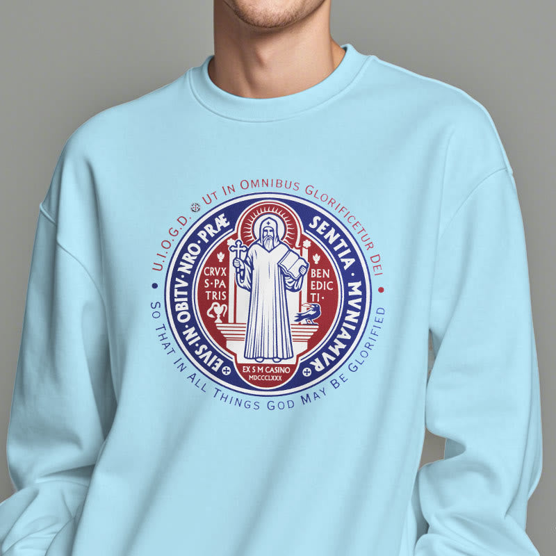 Classic Colored Style St. Benedict Medal Emblem Fleece Lined Polyester Sweatshirt