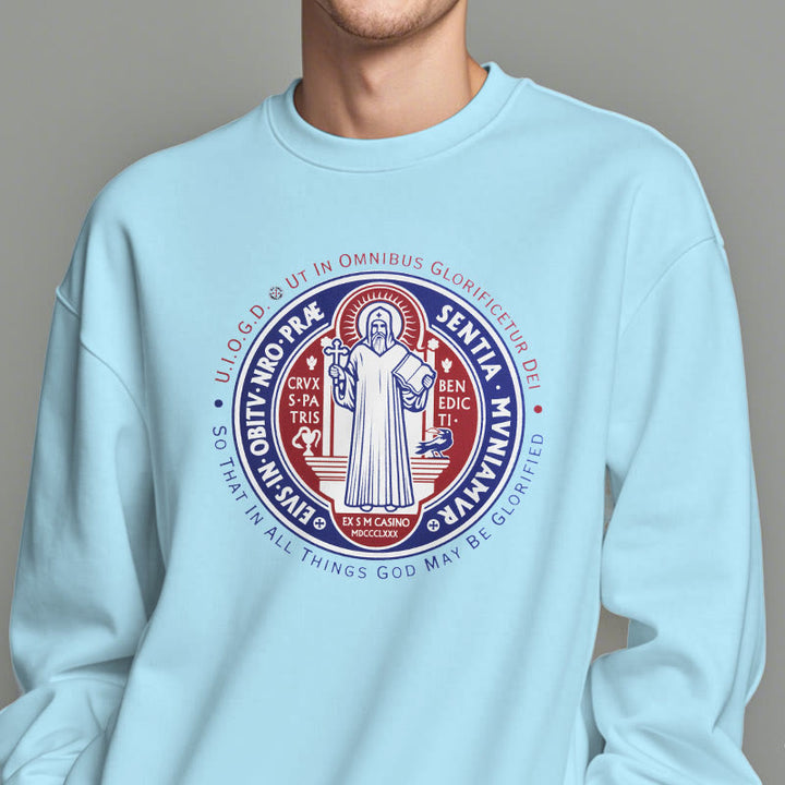 Classic Colored Style St. Benedict Medal Emblem Fleece Lined Polyester Sweatshirt