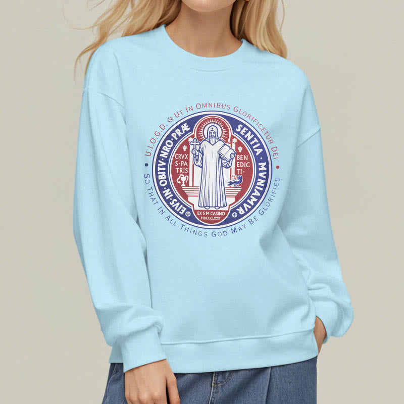 Classic Colored Style St. Benedict Medal Emblem Fleece Lined Polyester Sweatshirt