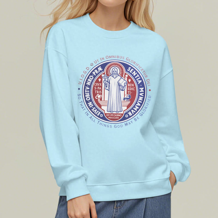 Classic Colored Style St. Benedict Medal Emblem Fleece Lined Polyester Sweatshirt