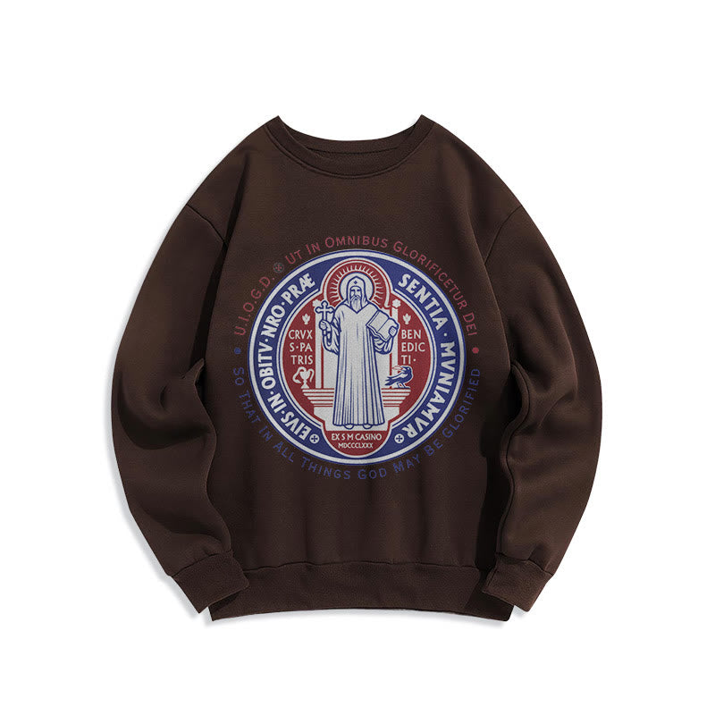 Classic Colored Style St. Benedict Medal Emblem Fleece Lined Polyester Sweatshirt