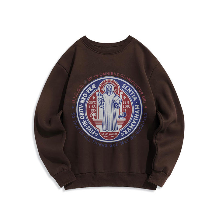 Classic Colored Style St. Benedict Medal Emblem Fleece Lined Polyester Sweatshirt