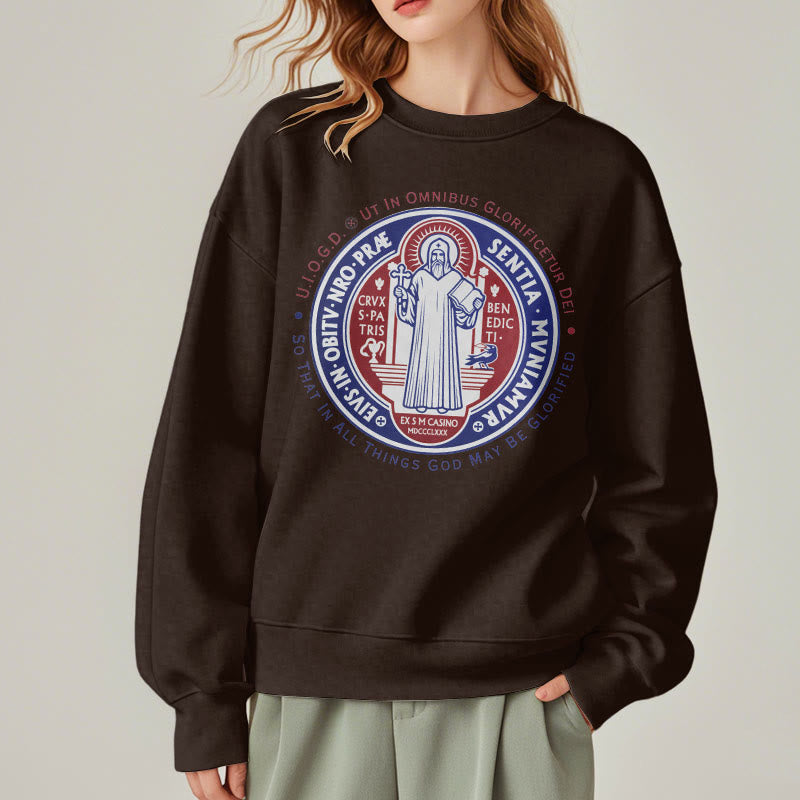 Classic Colored Style St. Benedict Medal Emblem Fleece Lined Polyester Sweatshirt