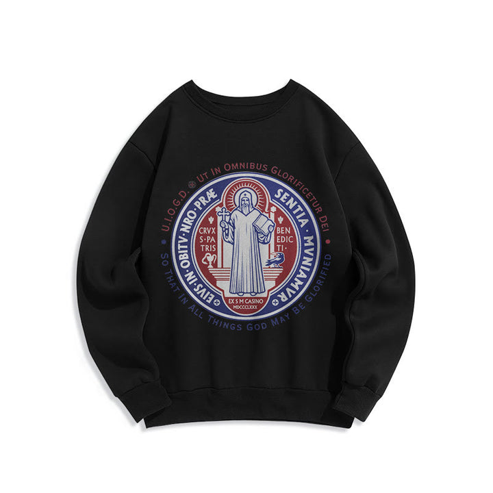 Classic Colored Style St. Benedict Medal Emblem Fleece Lined Polyester Sweatshirt