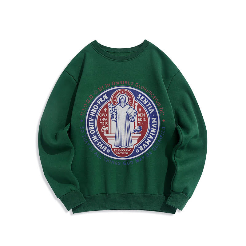 Classic Colored Style St. Benedict Medal Emblem Fleece Lined Polyester Sweatshirt