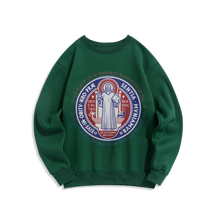 Classic Colored Style St. Benedict Medal Emblem Fleece Lined Polyester Sweatshirt