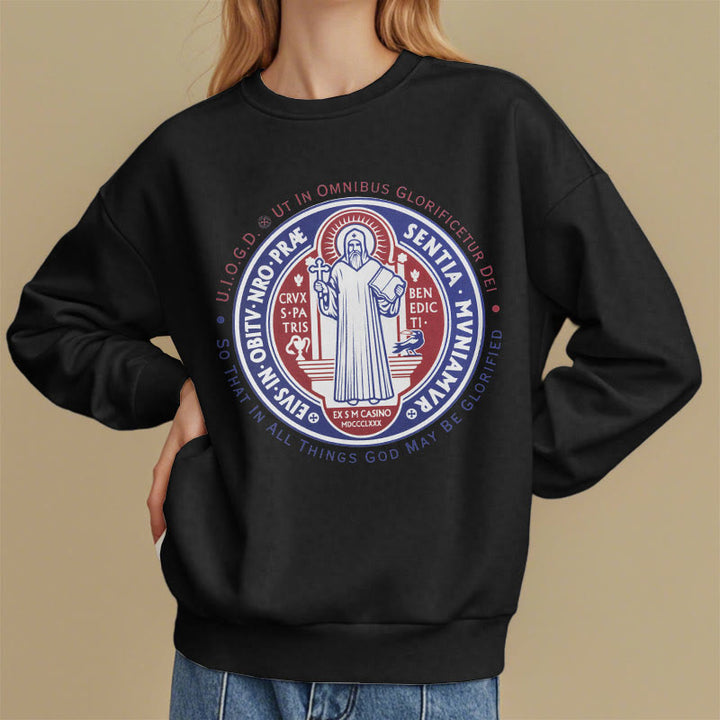 Classic Colored Style St. Benedict Medal Emblem Fleece Lined Polyester Sweatshirt