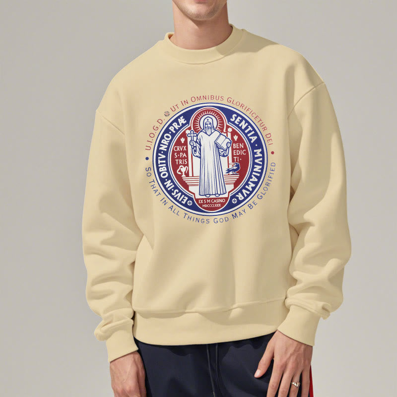 Classic Colored Style St. Benedict Medal Emblem Fleece Lined Polyester Sweatshirt