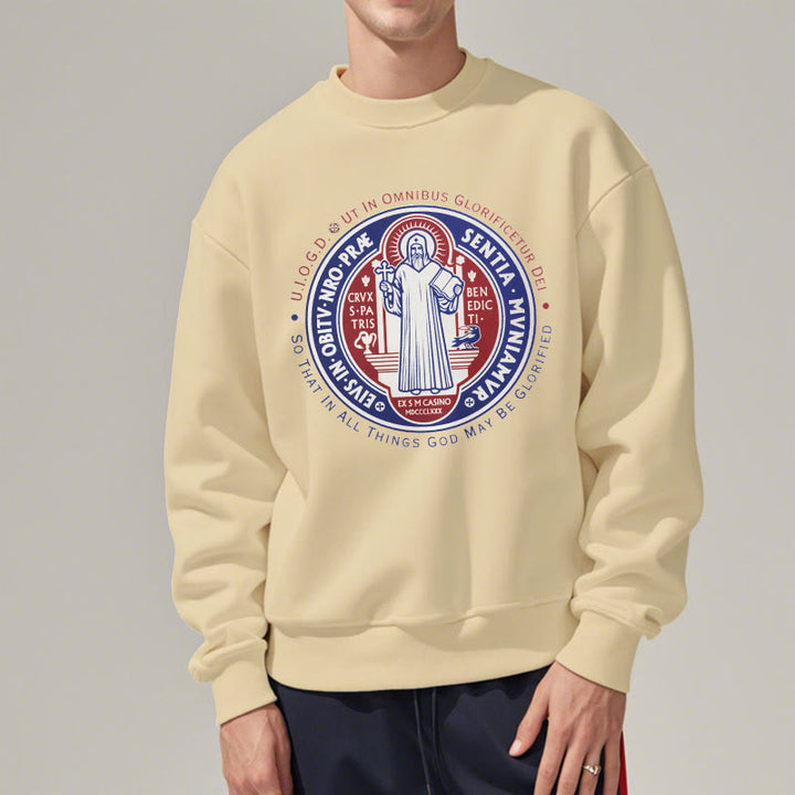 Classic Colored Style St. Benedict Medal Emblem Fleece Lined Polyester Sweatshirt